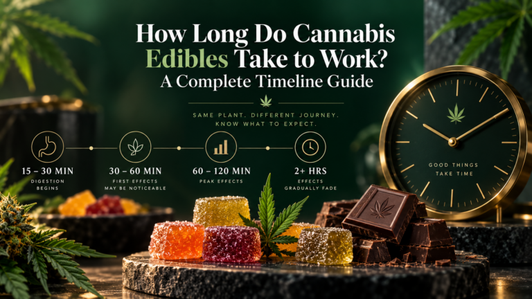Cannabis edible effects timeline with gummies, chocolate, and clock