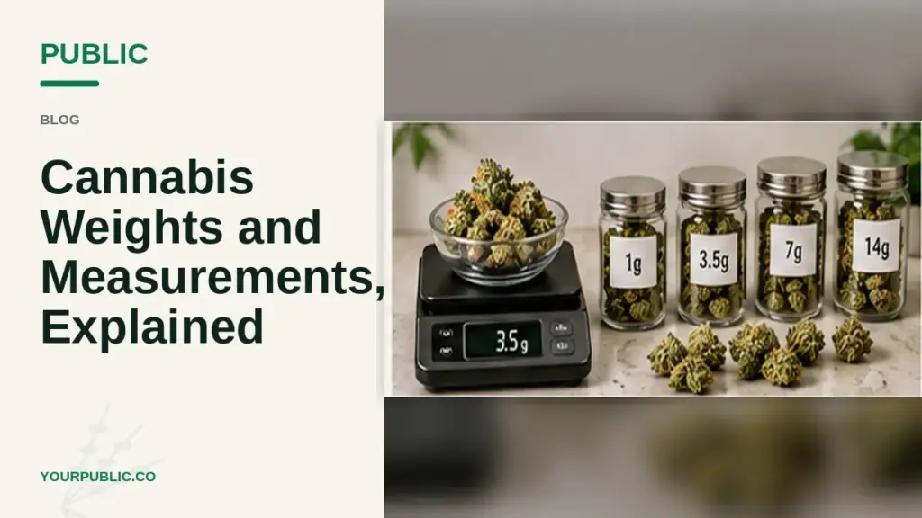 Cannabis weight guide with labeled jars and digital scale