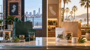 Cannabis products in bags with New Jersey and California backdrops