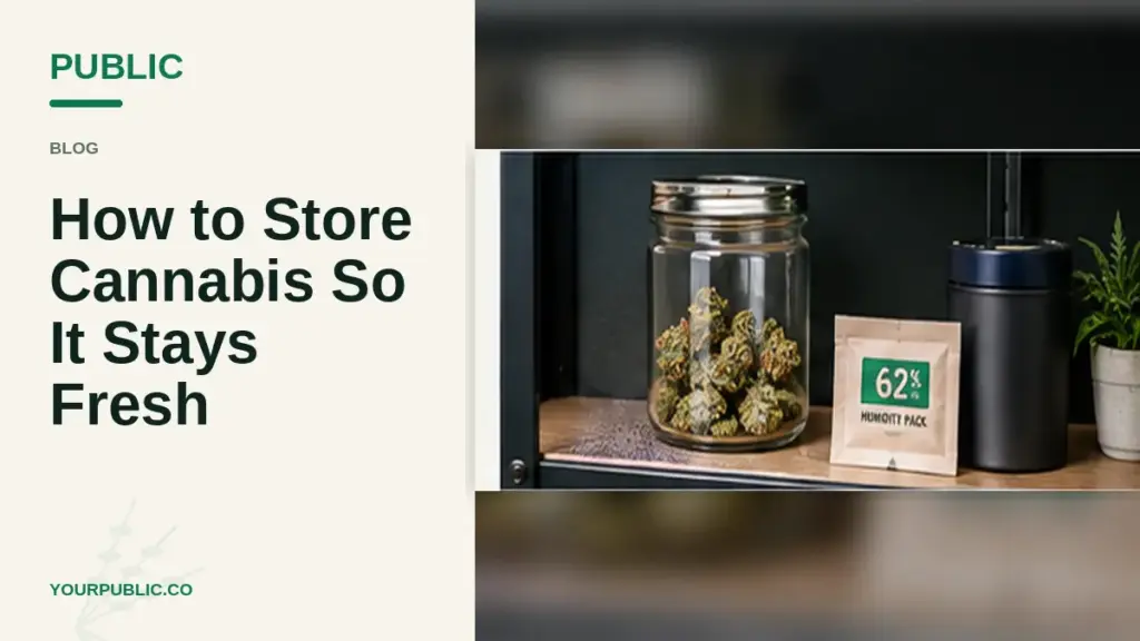 Cannabis buds stored in glass jar with humidity pack