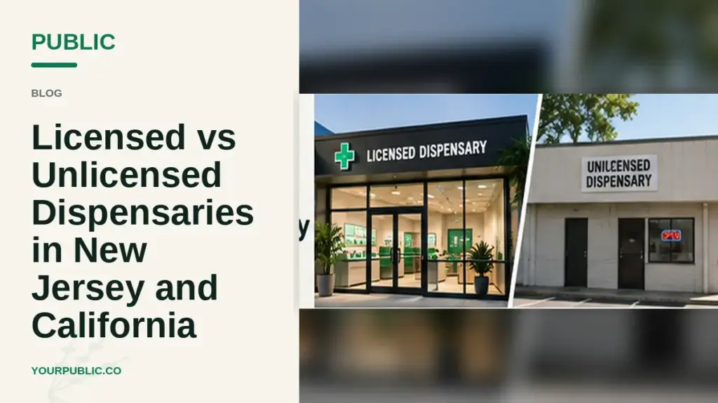 Graphic comparing licensed and unlicensed dispensaries in New Jersey and California