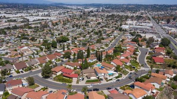 Aerial view of suburban neighborhood with red-roofed homes in rowland heights