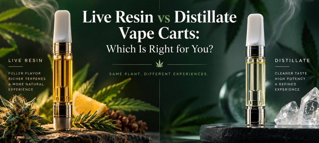 Live resin and distillate vape cartridge comparison graphic