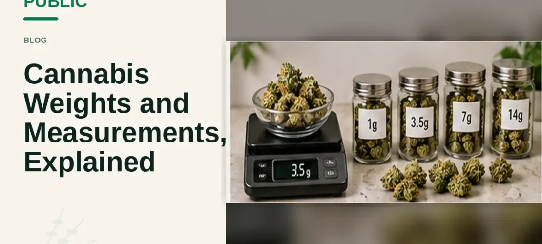 Cannabis weight guide with labeled jars and digital scale