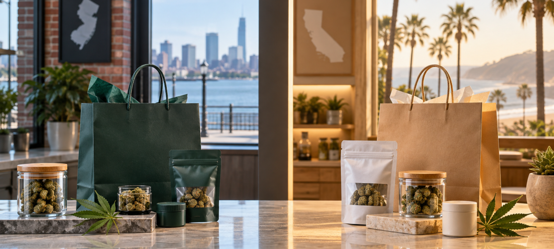 Cannabis products in bags with New Jersey and California backdrops