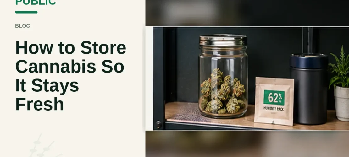 Cannabis buds stored in glass jar with humidity pack