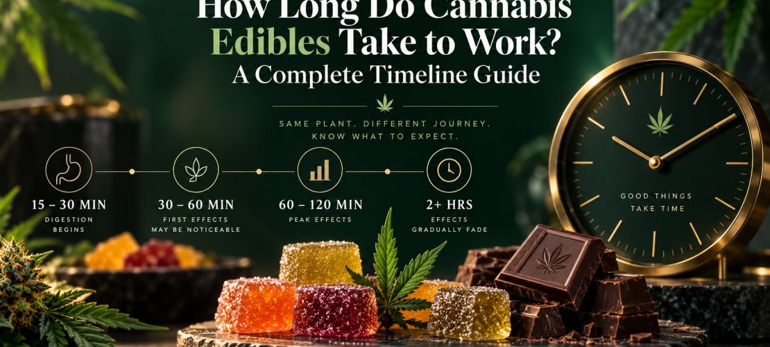 Cannabis edible effects timeline with gummies, chocolate, and clock