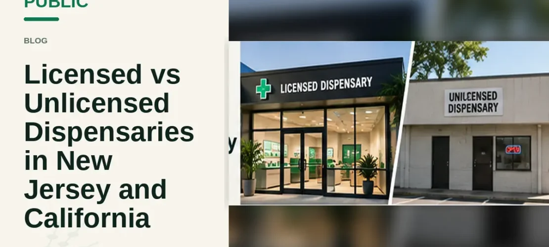 Graphic comparing licensed and unlicensed dispensaries in New Jersey and California